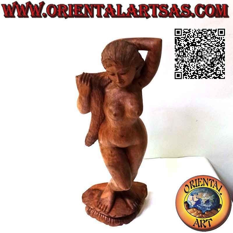 Sculpture statue of a naked oriental woman posing made from a single block of suar wood (60 cm)