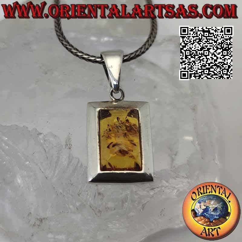 Silver pendant with rectangular Baltic amber on a smooth flat edged frame