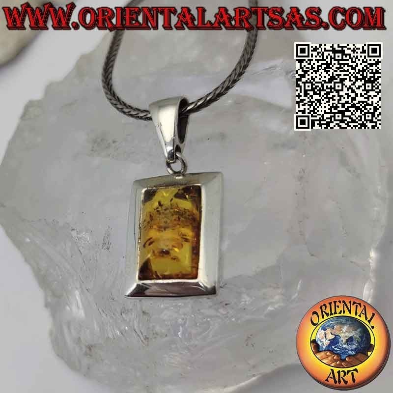 Silver pendant with rectangular Baltic amber on a smooth flat edged frame