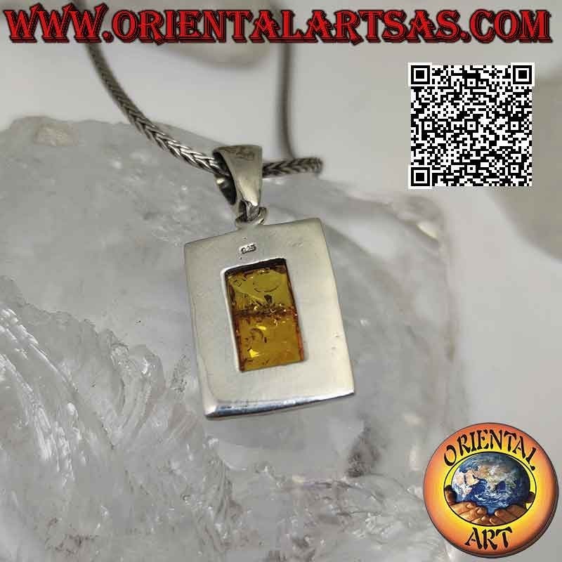 Silver pendant with rectangular Baltic amber on a smooth flat edged frame