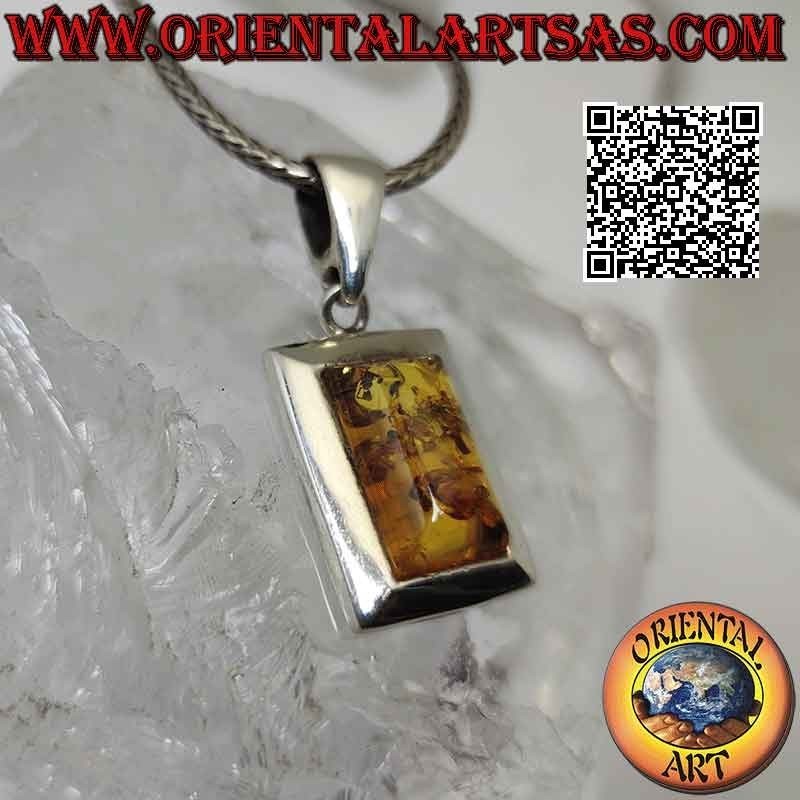 Silver pendant with rectangular Baltic amber on a smooth flat edged frame