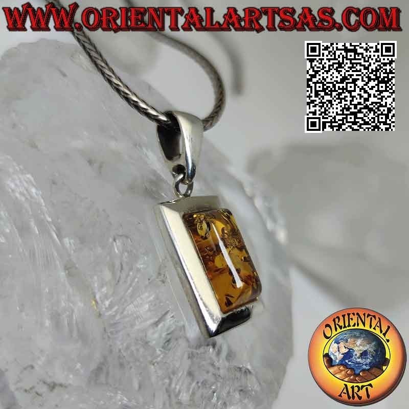 Silver pendant with rectangular Baltic amber on a smooth flat edged frame