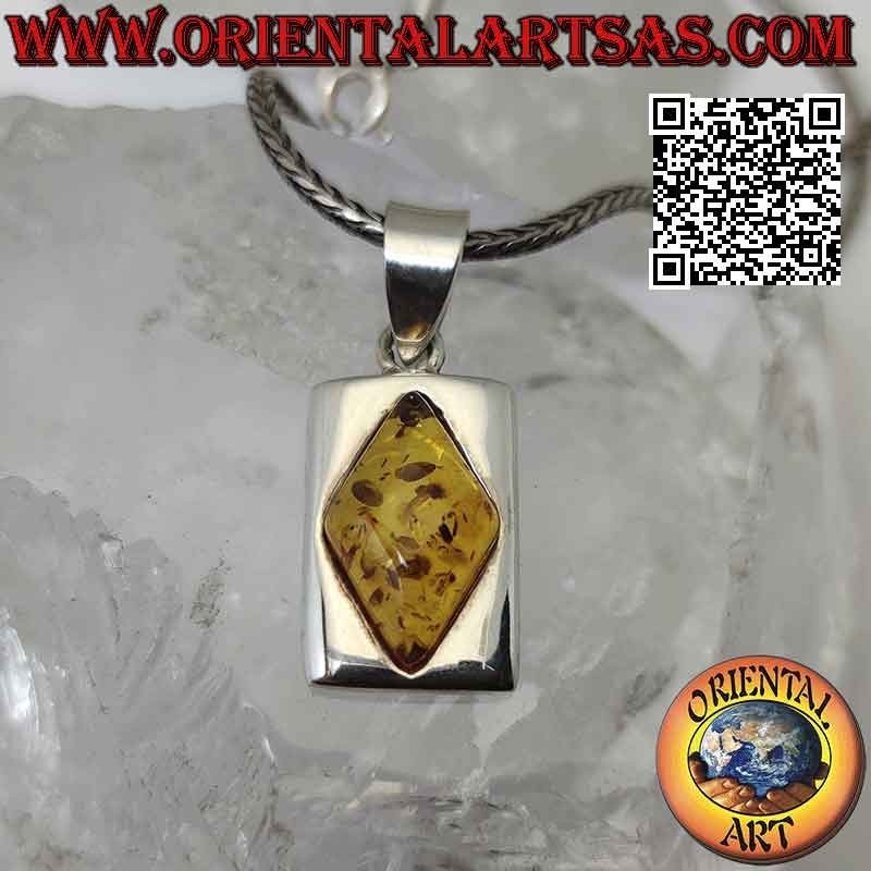 Ciondolo in argento con ambra baltica romboidale su montatura liscia rettangolare