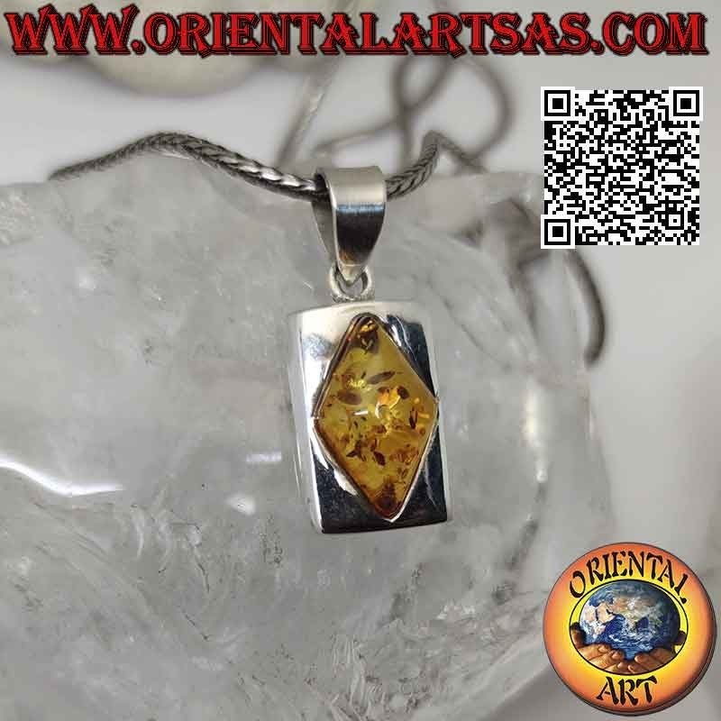 Silver pendant with rhomboidal Baltic amber on a smooth rectangular frame