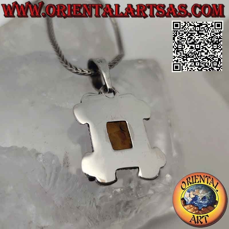 Pendentif en argent avec ambre de la Baltique rectangulaire entouré d'entrelacs et de roses aux quatre coins