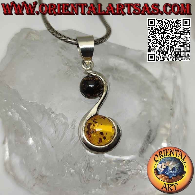 Ciondolo in argento a "S" liscia con ambra baltica tonda gialla e verde sulle curve
