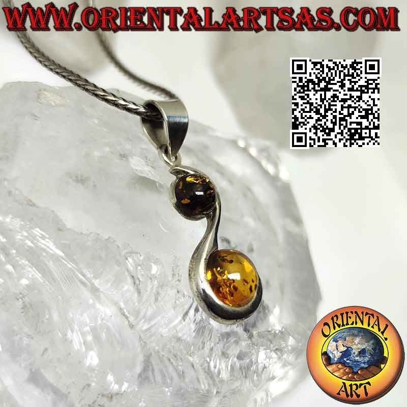 Colgante de plata en forma de "S" lisa con ámbar báltico amarillo y verde redondo en las curvas