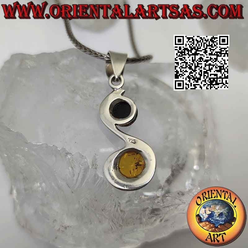 Smooth "S" shaped silver pendant with round yellow and green Baltic amber on the curves