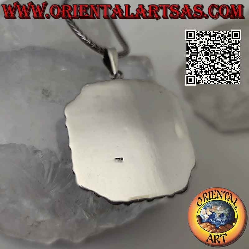 Silver pendant with large square Baltic amber with bas-relief circle frame