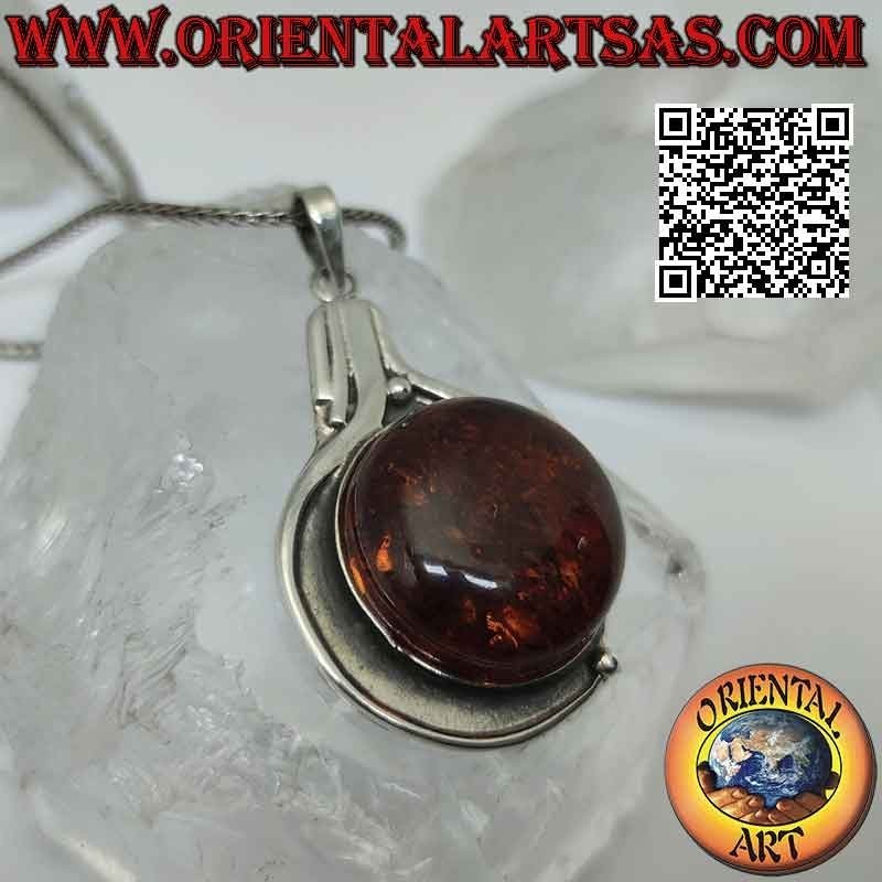 Silver pendant with large round Baltic amber on a smooth bas-relief setting