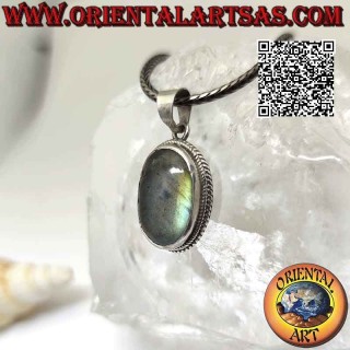 Silver pendant with oval cabochon labradorite surrounded by double weaving and smooth band