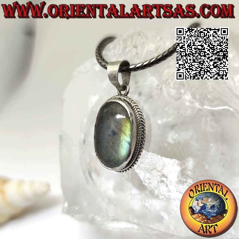 Silver pendant with oval cabochon labradorite surrounded by double weaving and smooth band