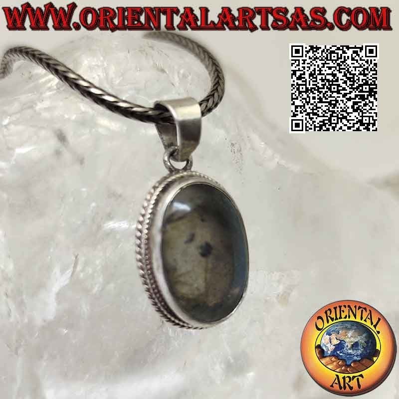 Silver pendant with oval cabochon labradorite surrounded by double weaving and smooth band
