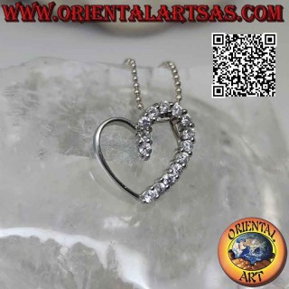 Silver pendant, contour of a linear heart half studded with zircons