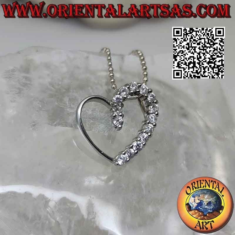 Silver pendant, contour of a linear heart half studded with zircons
