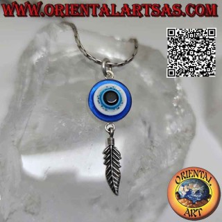 Colgante de plata, el ojo de Alá (amuleto contra el mal de ojo y la mala suerte) con colgante de pluma
