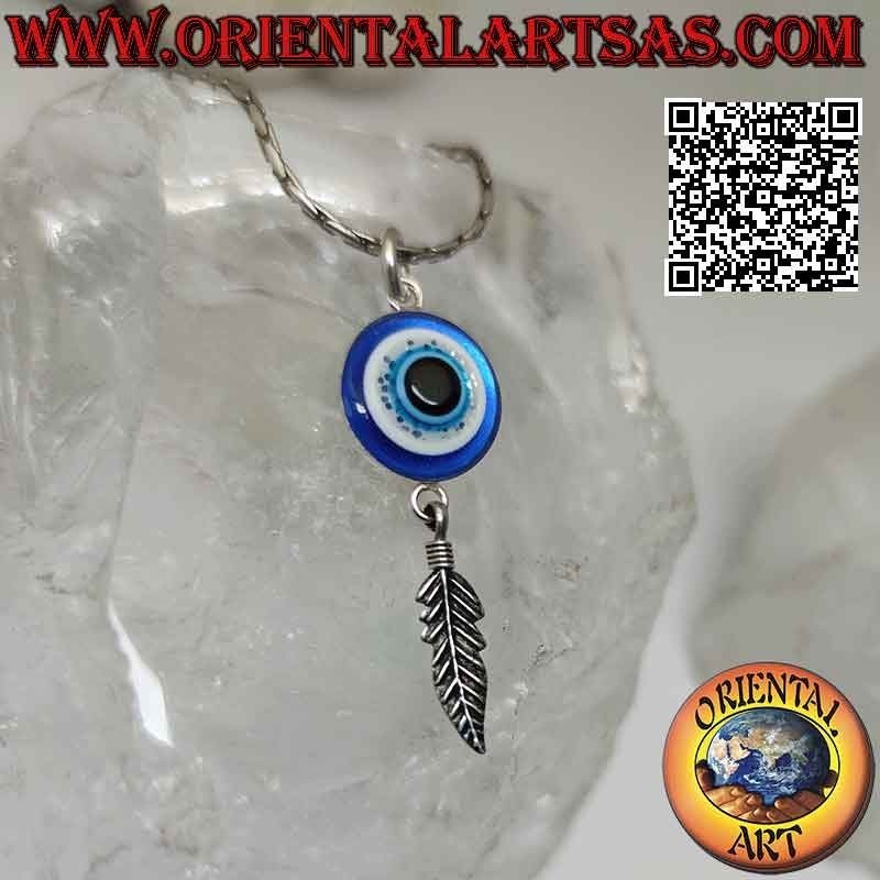 Pendentif en argent, l'oeil d'Allah (amulette contre le mauvais oeil et la malchance) avec pendentif plume