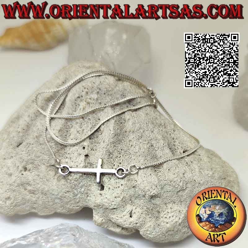 Collier serpent plat en argent 925‰ avec croix horizontale lisse (croix nordique ou "Jésus sauvant le peuple") 42 cm