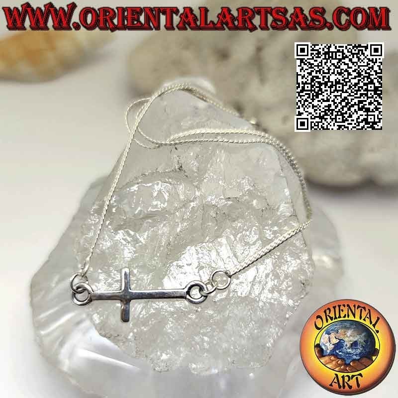 Collar serpiente plana de plata 925‰ con cruz lisa horizontal (cruz nórdica o "Jesús salvando al pueblo") 42 cm