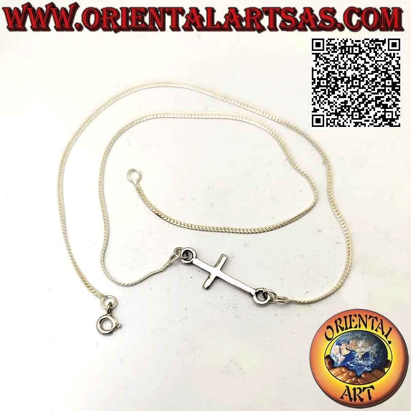 Collar serpiente plana de plata 925‰ con cruz lisa horizontal (cruz nórdica o "Jesús salvando al pueblo") 42 cm