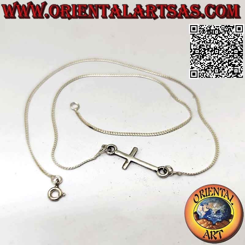Collier serpent plat en argent 925‰ avec croix horizontale lisse (croix nordique ou "Jésus sauvant le peuple") 42 cm