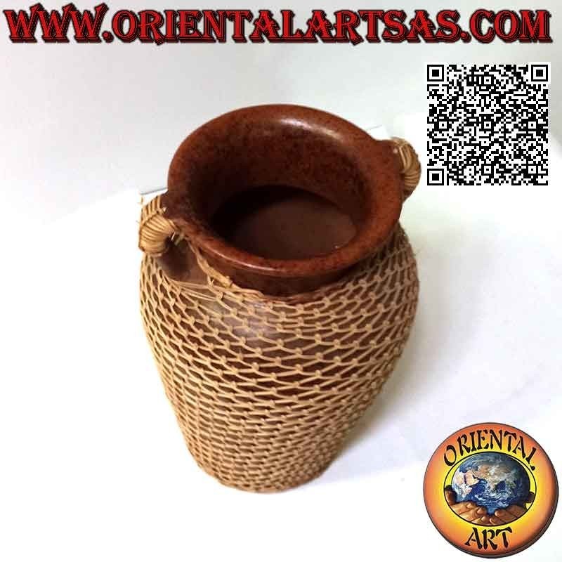 Vaso tradizionale di Lombok a due maniglie in terracotta e filo di midollino intrecciato fatto a mano (25 cm e 20 cm ø)