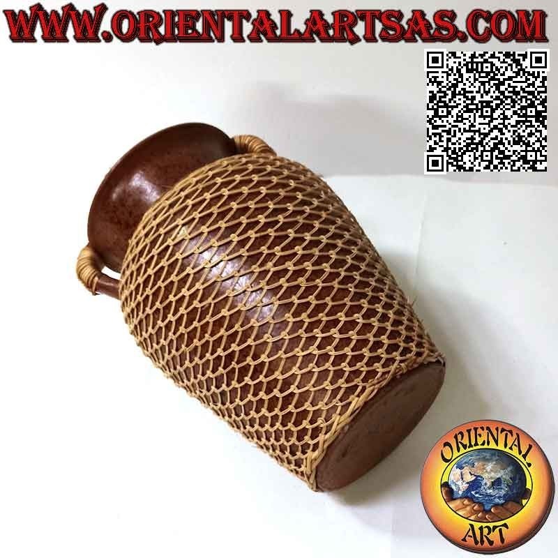 Traditional Lombok vase with two handles in terracotta and hand-woven wicker wire (25 cm and 20 cm ø)
