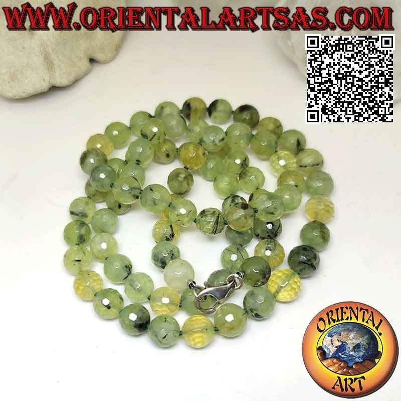 Collana Prehnite Naturale Sfaccettata 10mm Annodata Argento 80cm