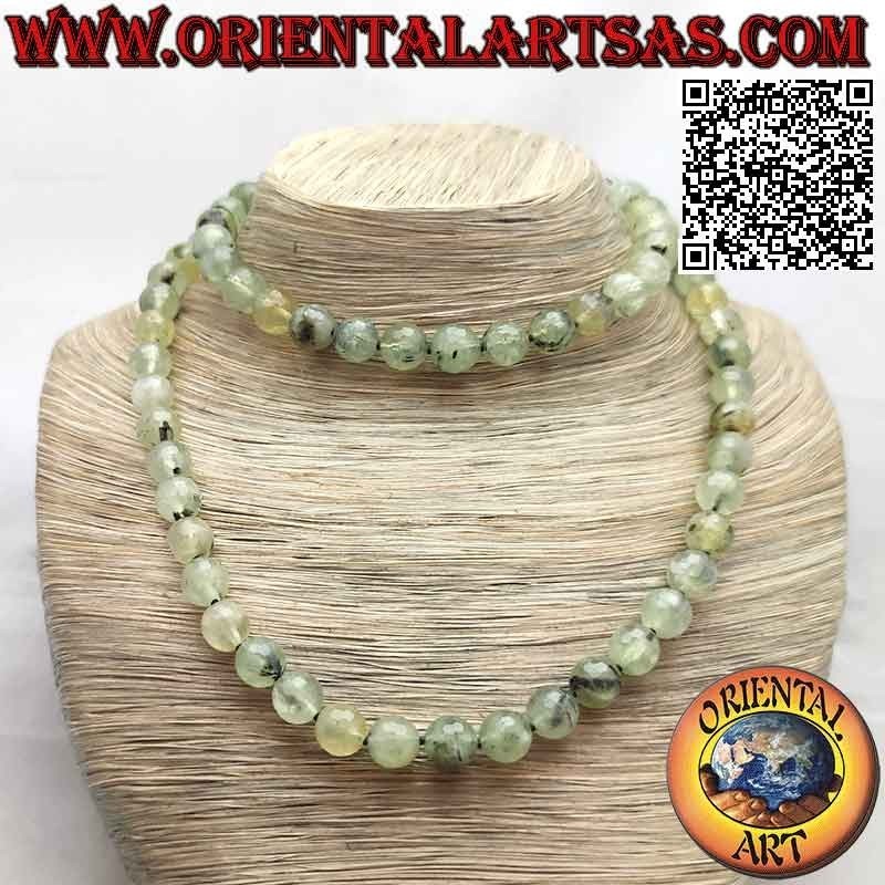 Prehnit Halskette facettiert 10mm, geknotet, 80cm Silber | Oriental Art