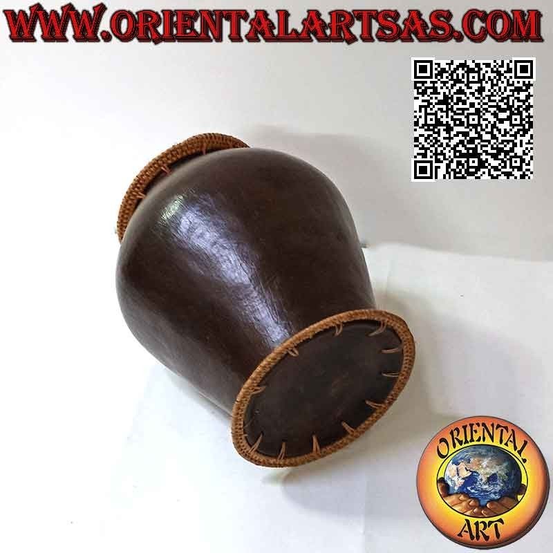 Traditional Lombok vase in dark terracotta and wicker on the mouth and plant, handmade (25 cm and 22 cm ø)