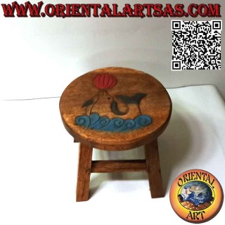 Low stool in suar wood with hand painted engraved dolphin