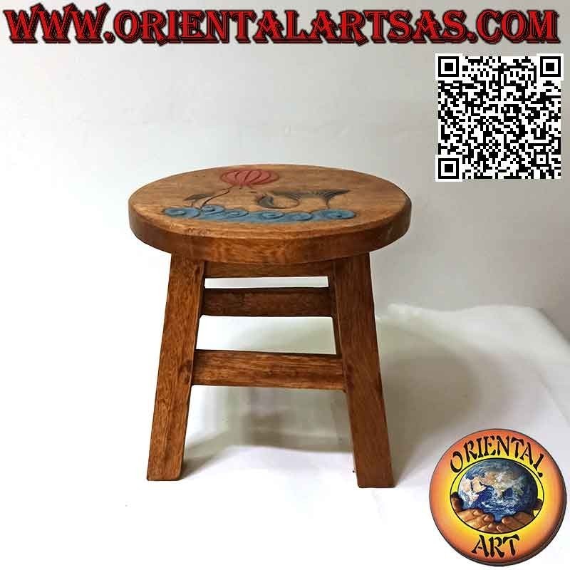 Low stool in suar wood with hand painted engraved dolphin