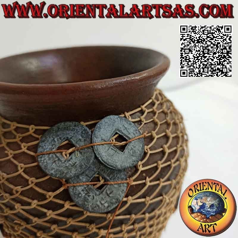 Terracotta vase, woven wicker wire and ancient Chinese lucky coins, handmade (14 cm and 13 cm ø)