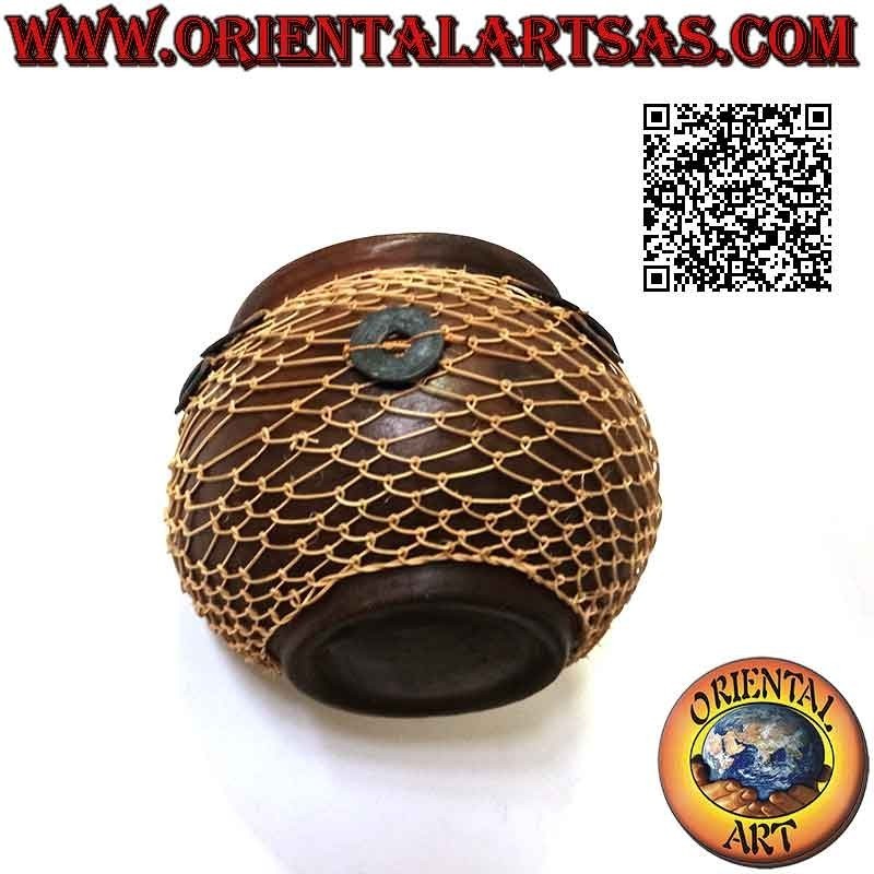 Jarrón de terracota, alambre de mimbre tejido y antiguas monedas chinas de la suerte, hecho a mano (12 cm y 15 cm ø)