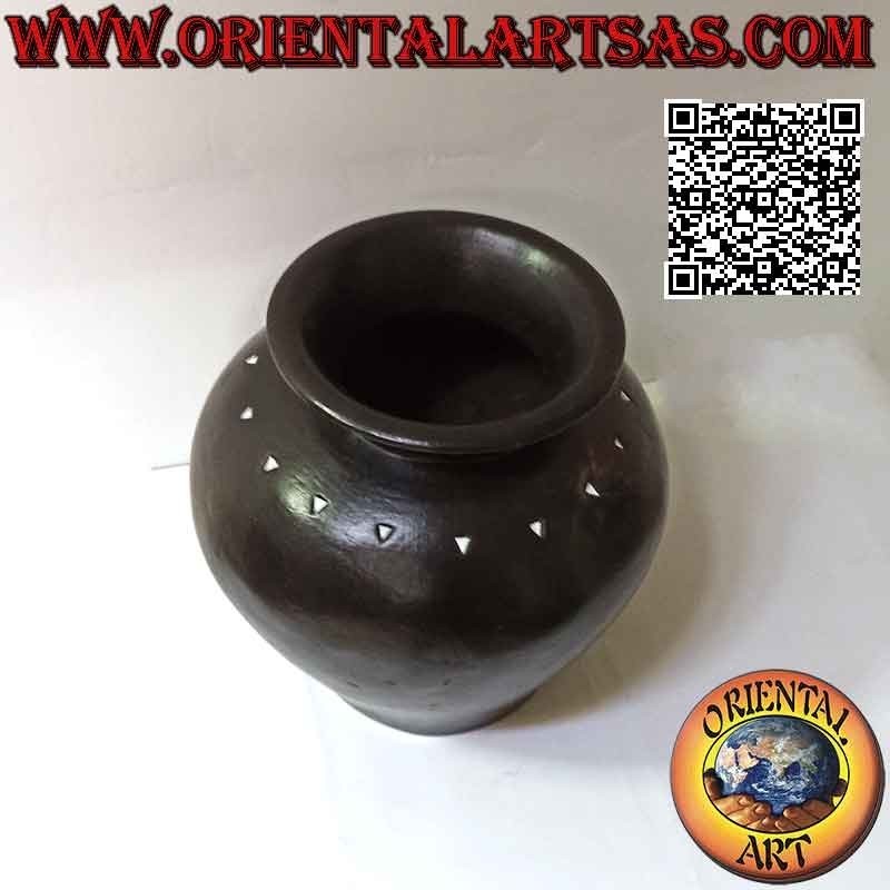 Vase jardinière traditionnel de Lombok en terre cuite foncée et triangles blancs, fait main (28 cm et 30 cm ø)