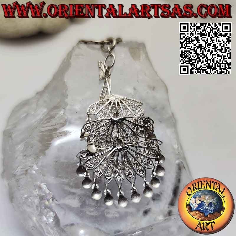 Silver pendant, hand made filigree in the shape of a large peacock