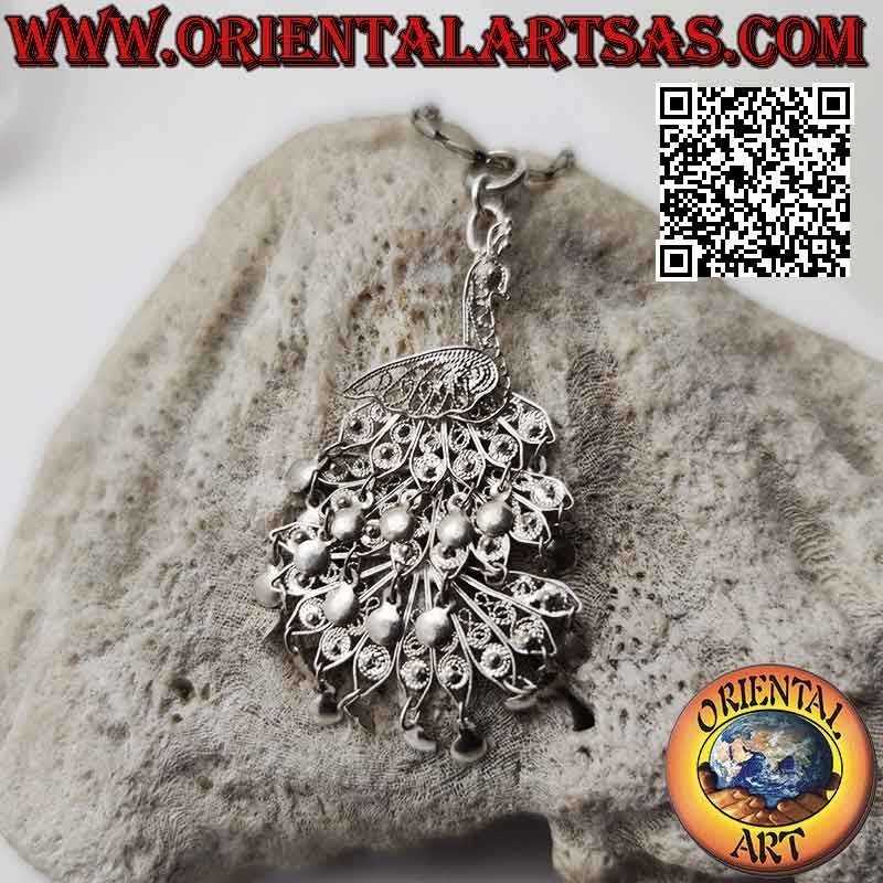 Pendentif en argent, filigrane fait main en forme de grand paon