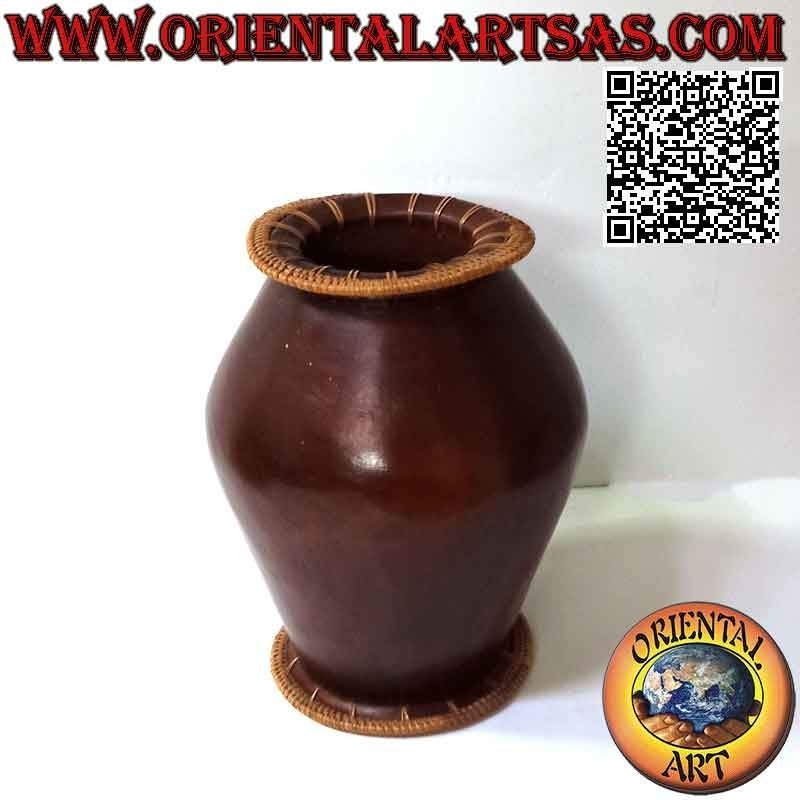 Traditional Lombok terracotta and wicker vase on mouth and plant, handmade (18 cm and 22 cm ø)