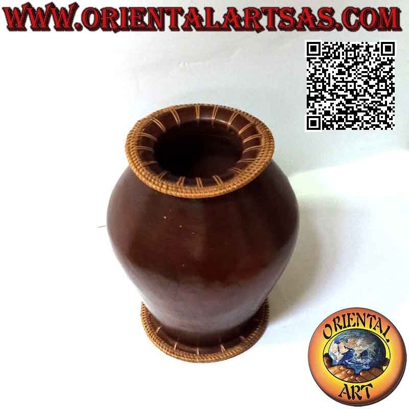 Vase traditionnel en terre cuite et osier de Lombok sur bouche et plante, fait main (18 cm et 22 cm ø)