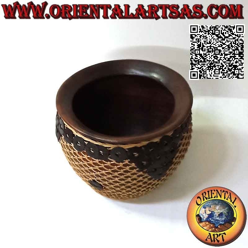 Vaso in terracotta, filo di midollino intrecciato e riproduzione di monete cinesi, fatto a mano (17 cm e 23 cm ø)