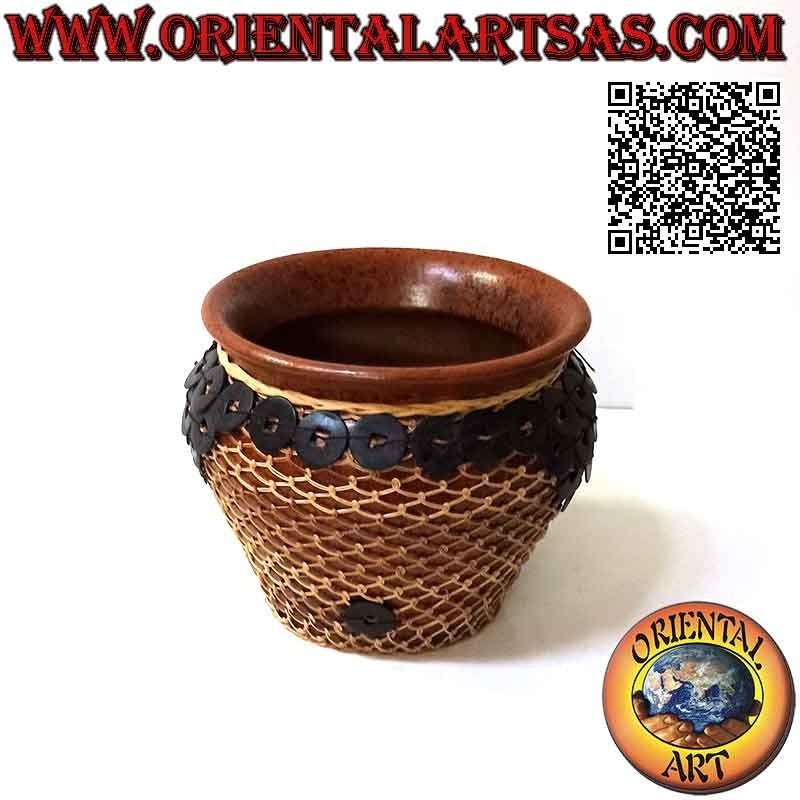 Terracotta vase, woven wicker wire and reproduction of Chinese coins, handmade (17 cm and 19 cm ø)