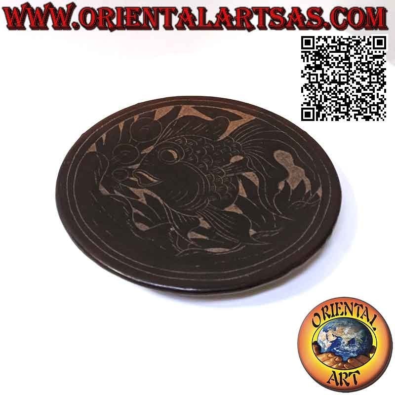 Vaciador de bolsillo plano redondo Lombok en terracota oscuro y pez pintado 31 cm ø