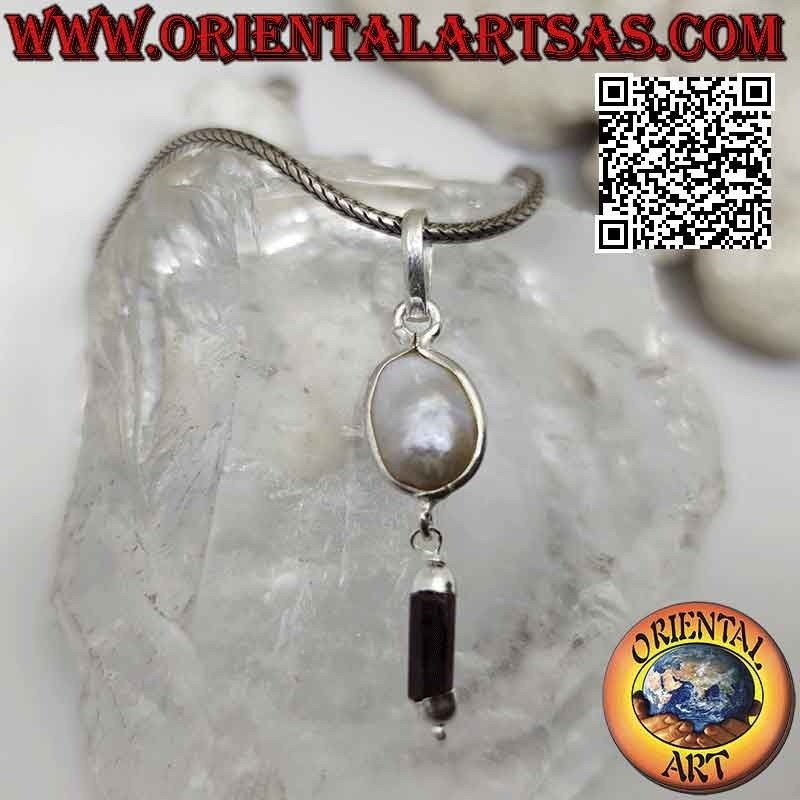 Silver pendant with scaramazza pearl and pendant garnet prism (c)