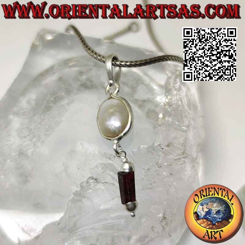 Silver pendant with scaramazza pearl and pendant garnet prism (c)