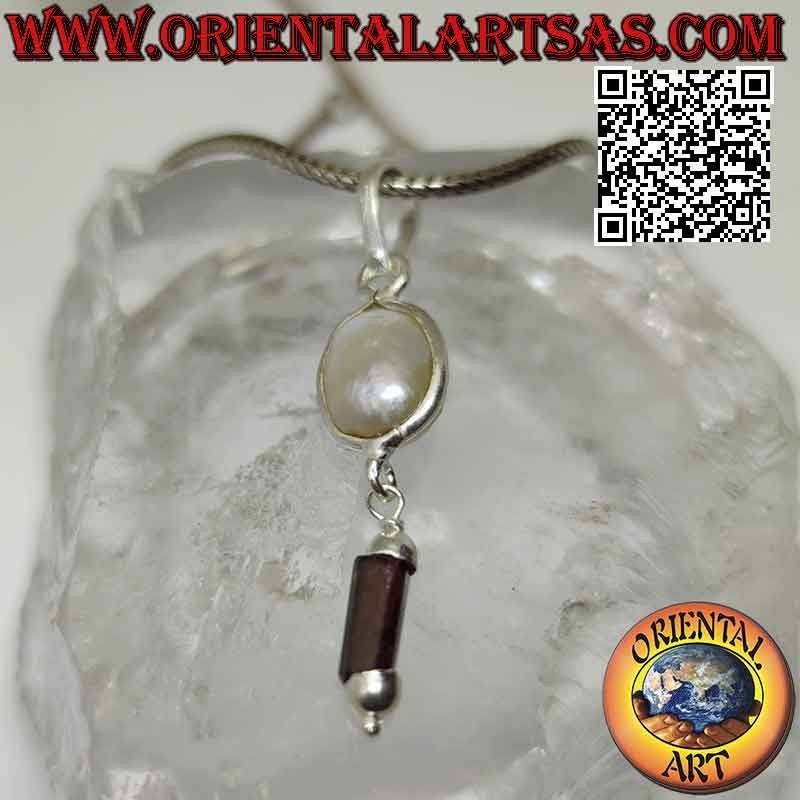 Pendentif en argent avec perle scaramazza et pendentif grenat prisme (c)