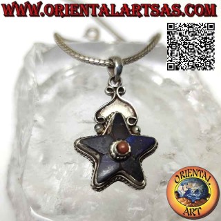 Pendentif en argent, étoile lapis-lazuli avec corail naturel antique central