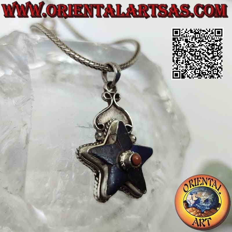 Silver pendant, lapis lazuli star with central antique natural coral
