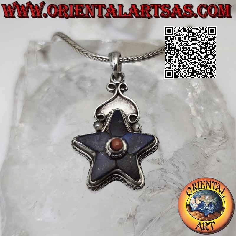 Silver pendant, lapis lazuli star with central antique natural coral