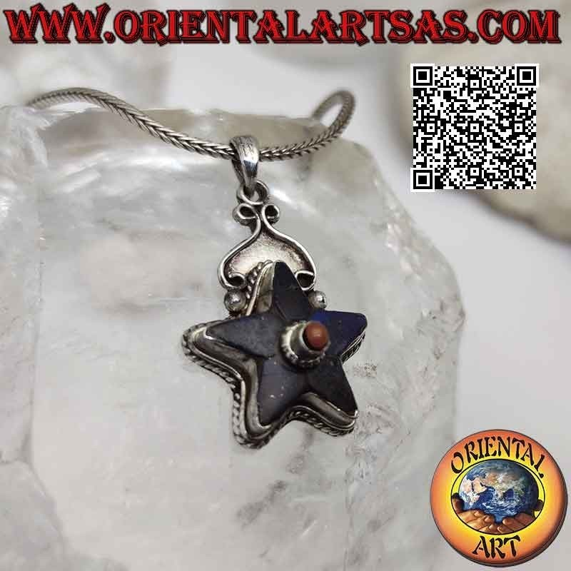 Colgante de plata, estrella de lapislázuli con coral natural antiguo central