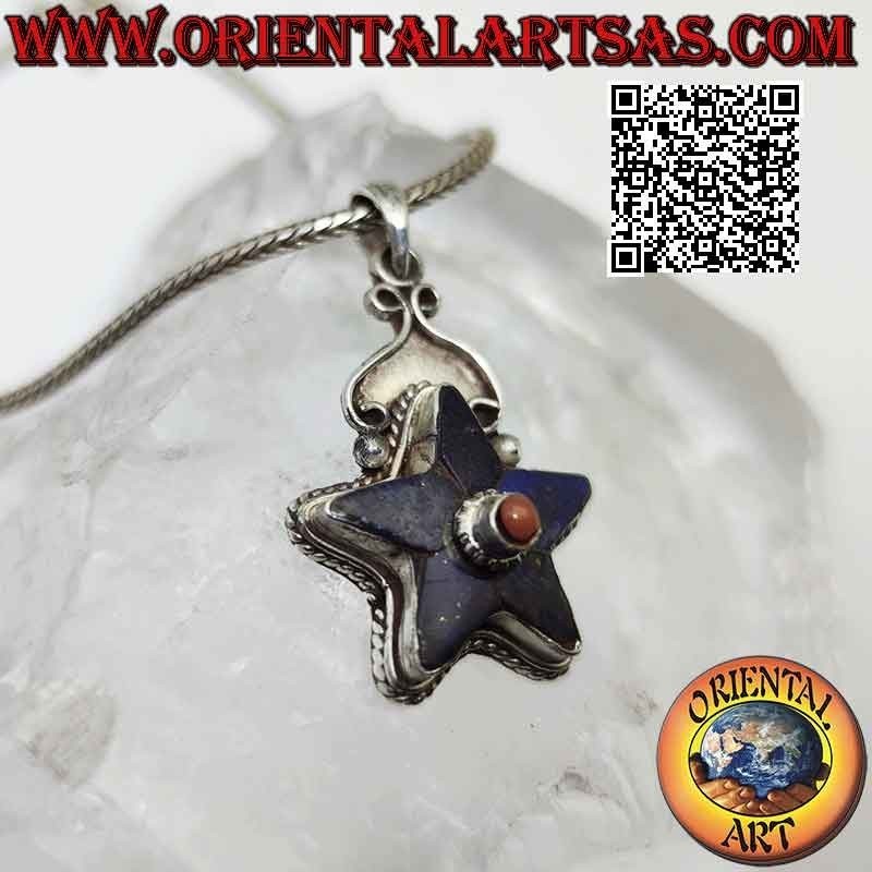 Pendentif en argent, étoile lapis-lazuli avec corail naturel antique central